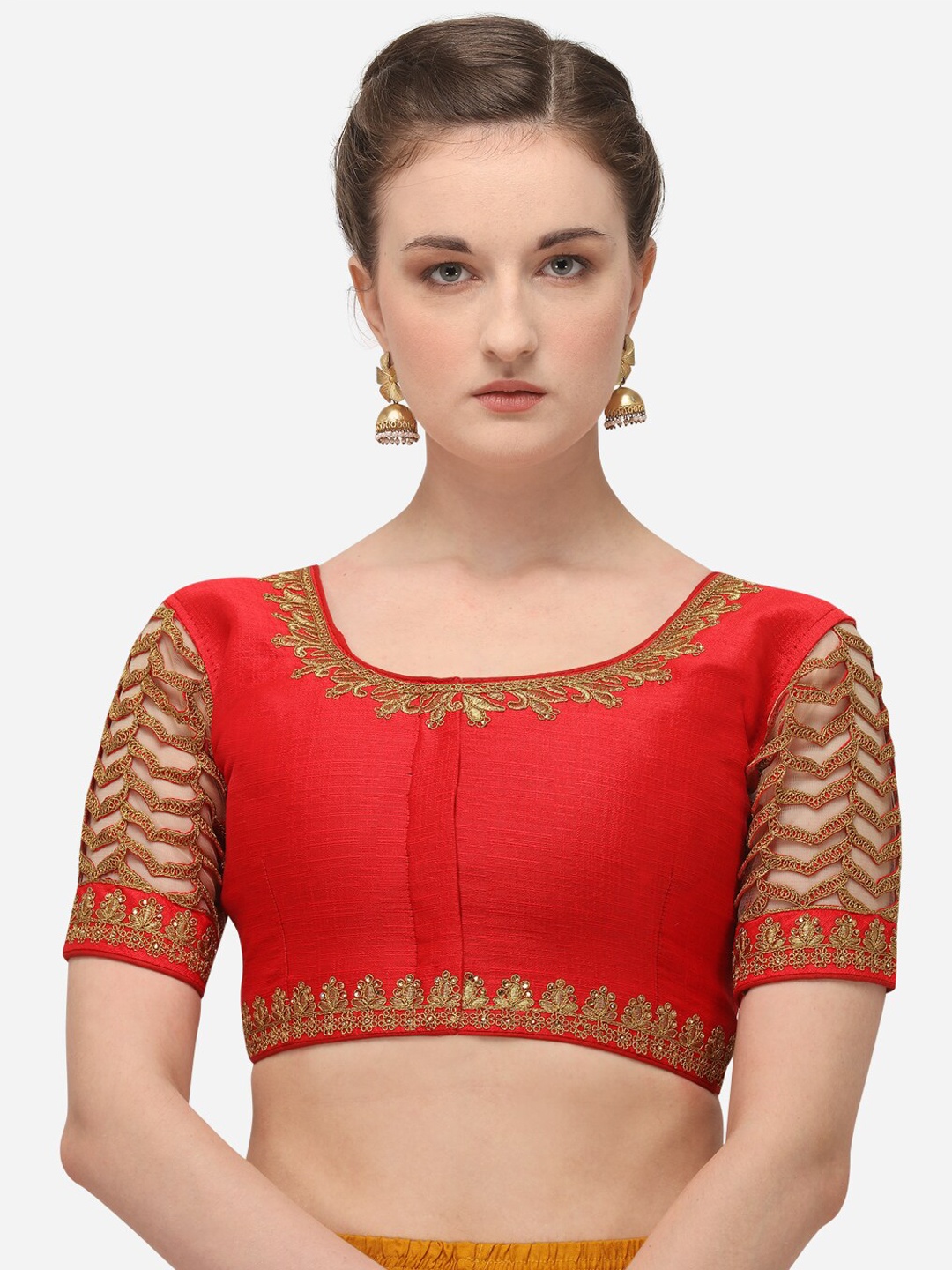 

Amrutam Fab Women Red & Gold-Coloured Embroidered Raw Silk Saree Blouse