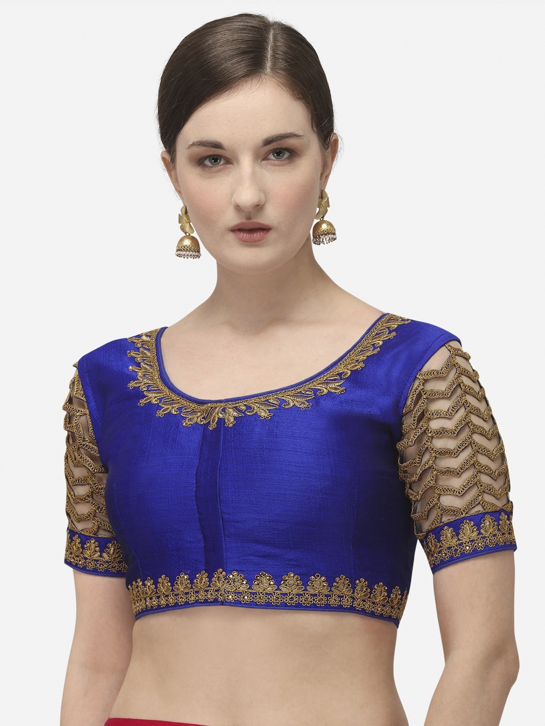 

Amrutam Fab Women Blue & Beige Embroidered Raw Silk Saree Blouse