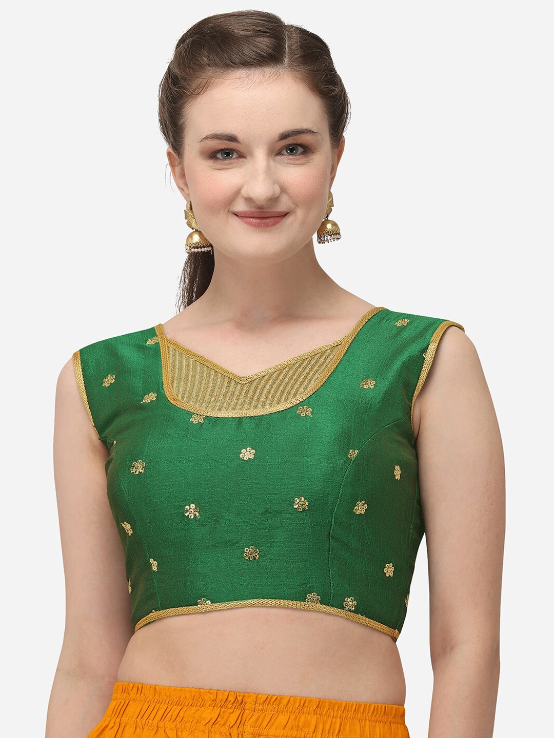 

Amrutam Fab Women Green & Gold-Coloured Embroidered Phantom Silk Saree Blouse
