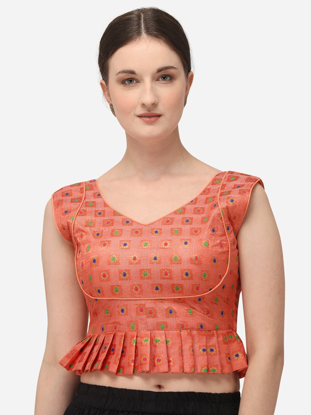 

Amrutam Fab Women Peach-Coloured & Green Woven-Design Jacquard Saree Blouse