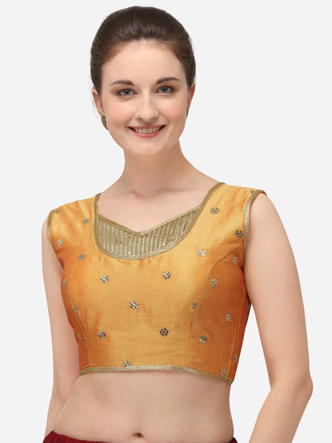 

Amrutam Fab Women Orange & Beige Embroidered Raw Silk Saree Blouse