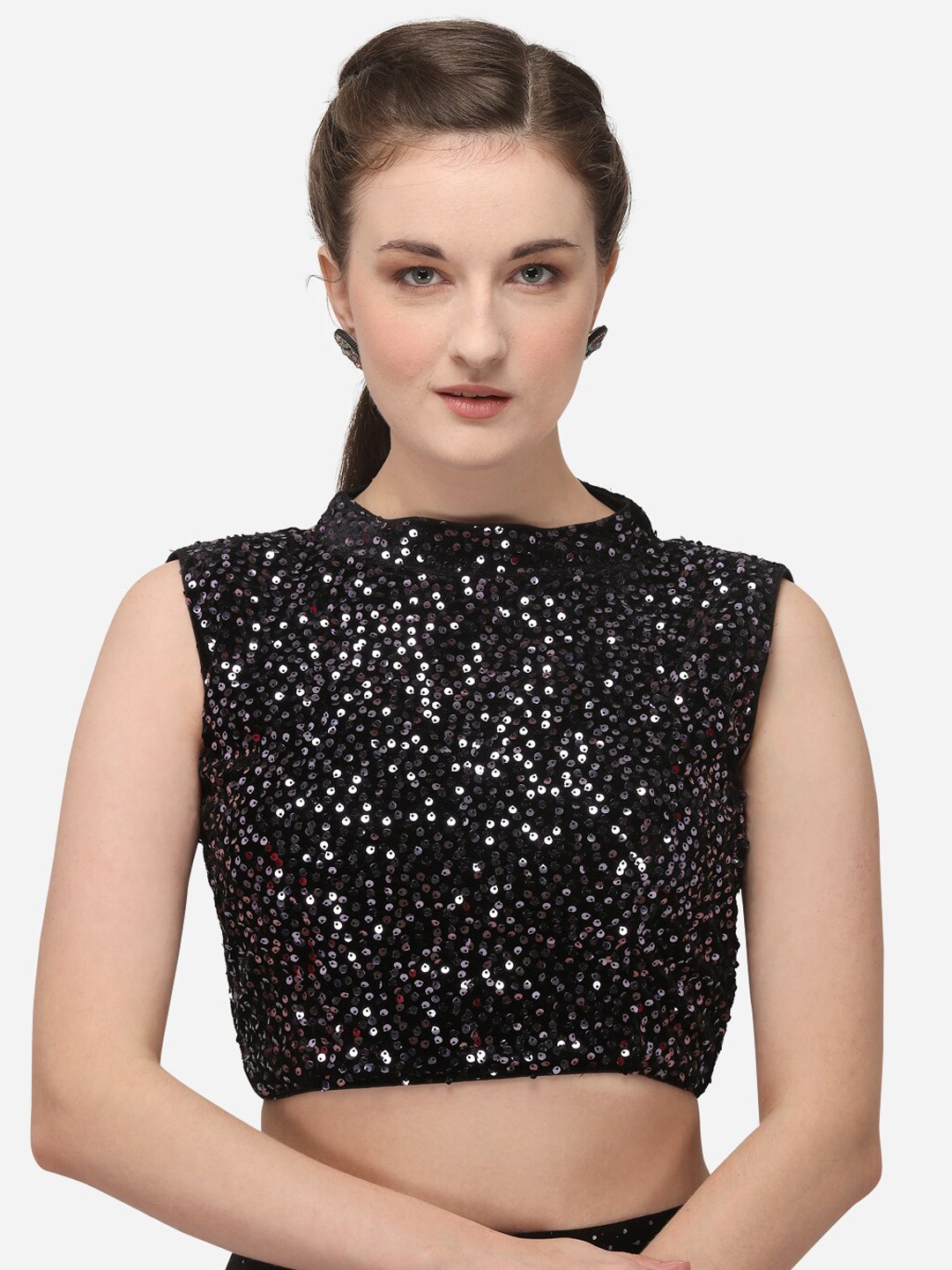 

Amrutam Fab Women's Black Velvet Blouse With Collar Neck, Silver