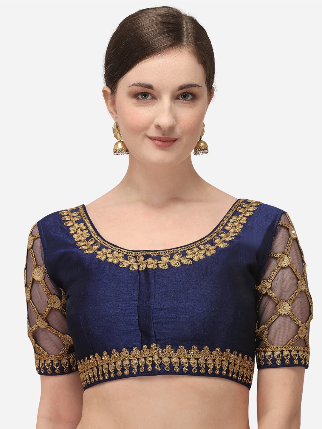 

Amrutam Fab Women Navy Blue & Gold-Coloured Embroidered Raw Silk Saree Blouse