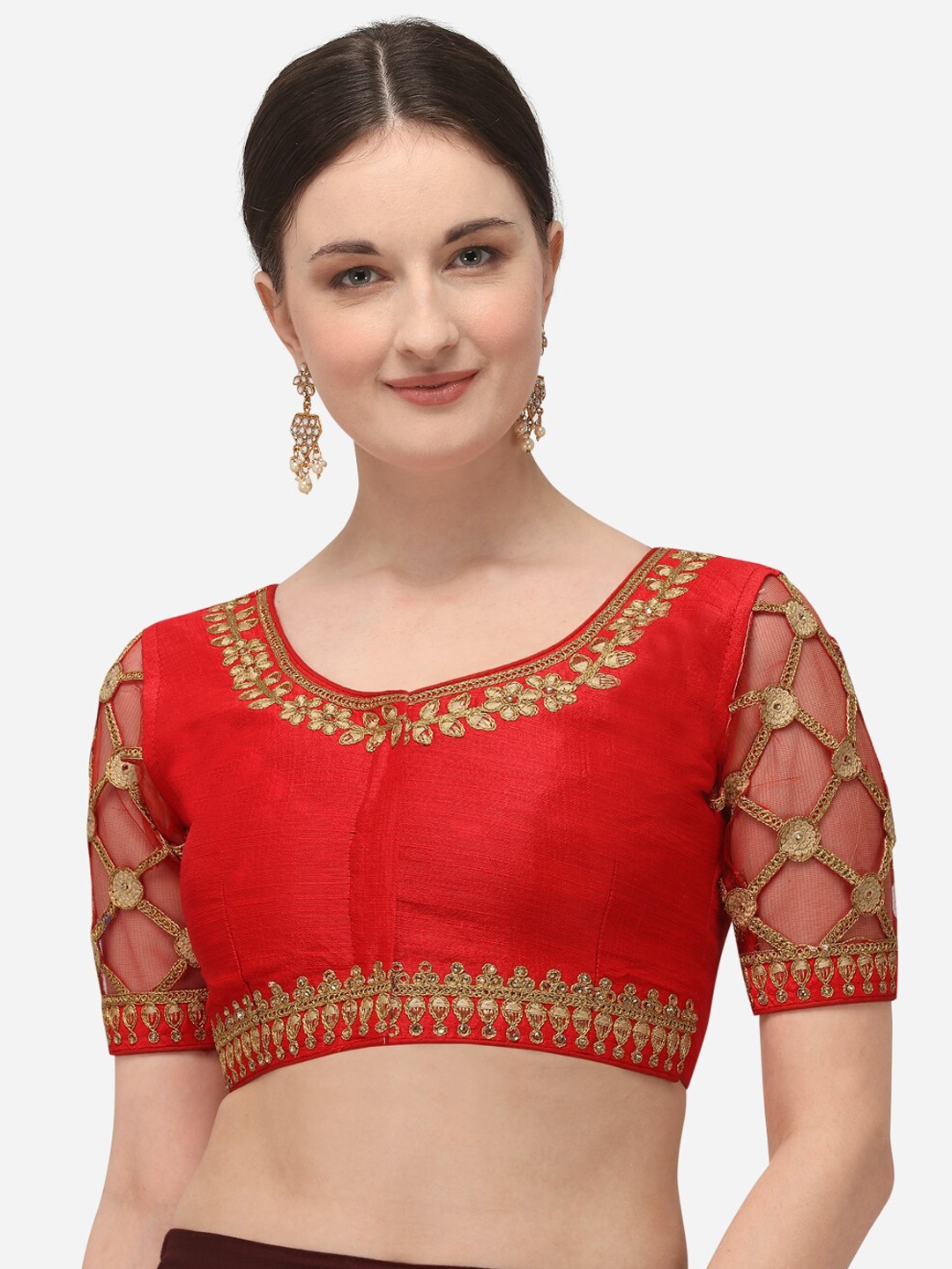 

Amrutam Fab Women Red & Beige Embroidered Raw Silk Saree Blouse