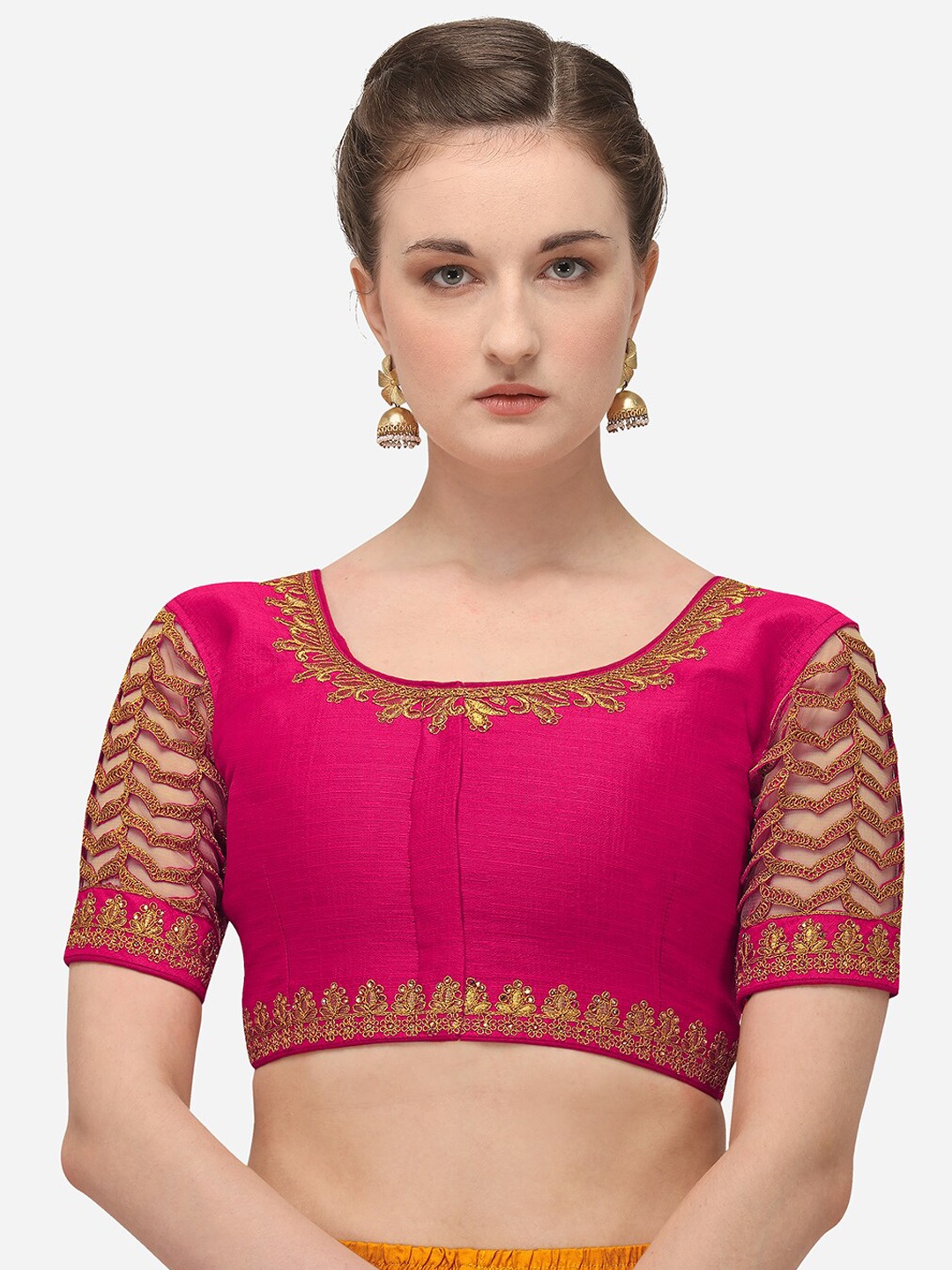 

Amrutam Fab Women Pink & Gold-Coloured Embroidered Raw Silk Saree Blouse