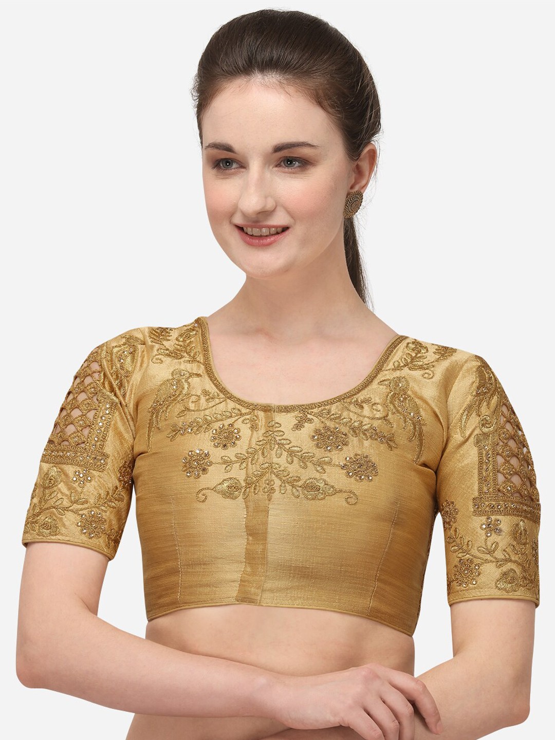 

Amrutam Fab Women Beige & Gold-Coloured Embroidered Raw Silk Saree Blouse