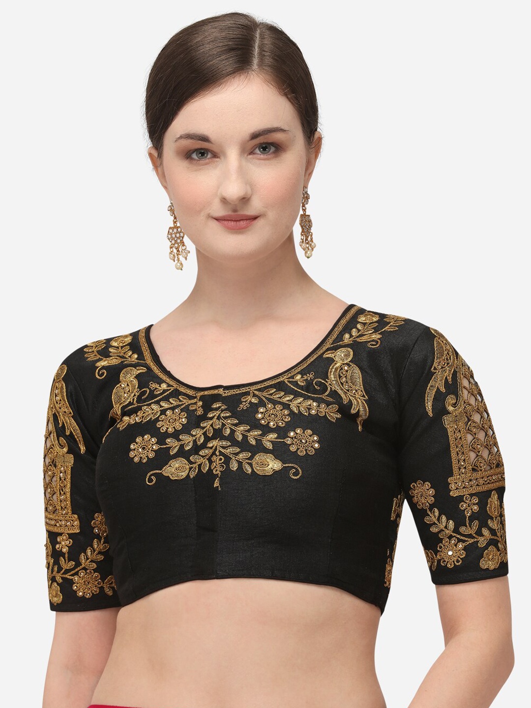 

Amrutam Fab Women Black & Gold-Coloured Embroidered Phantom Silk Saree Blouse