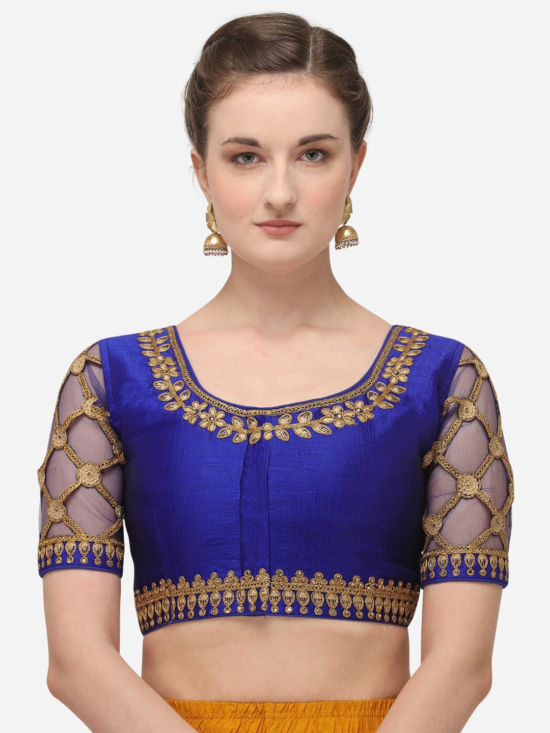 

Amrutam Fab Women Blue & Gold-Coloured Embroidered Raw Silk Saree Blouse