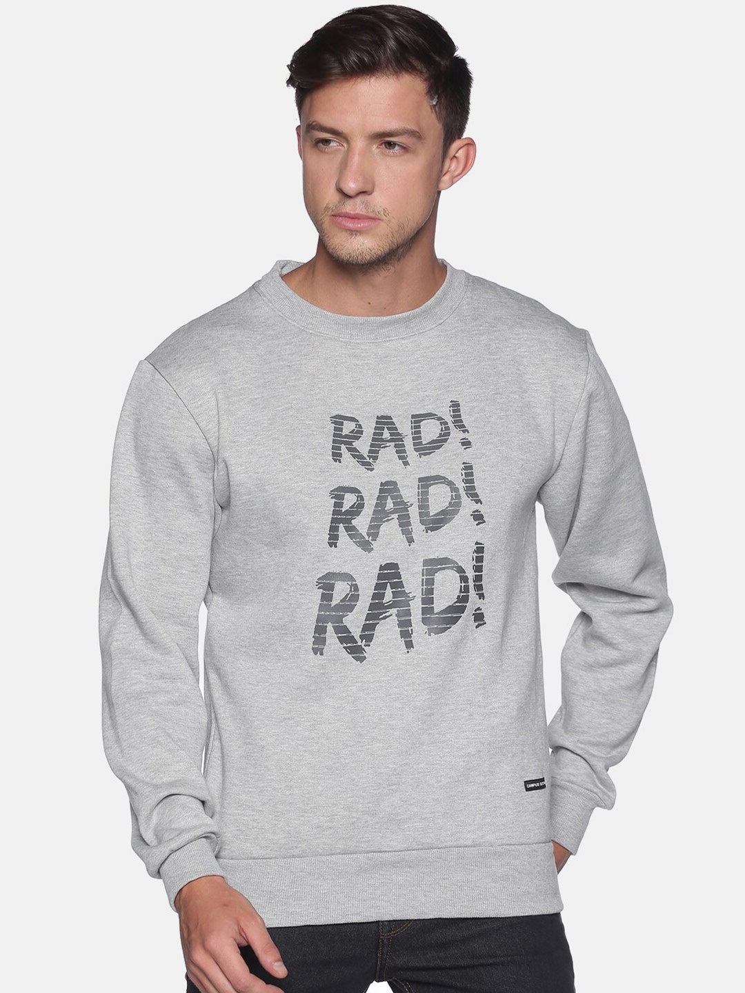 

Campus Sutra Men Grey & Black Typography Printed Pullover