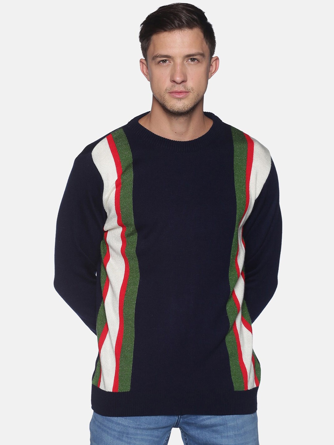

Campus Sutra Men Blue & White Striped Pullover