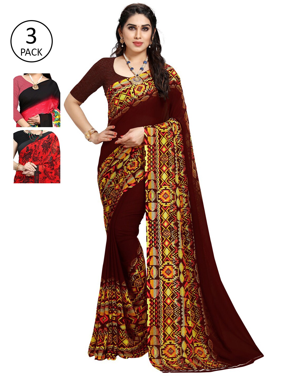 

KALINI Pack Of 3 Printed Floral Saree, Maroon