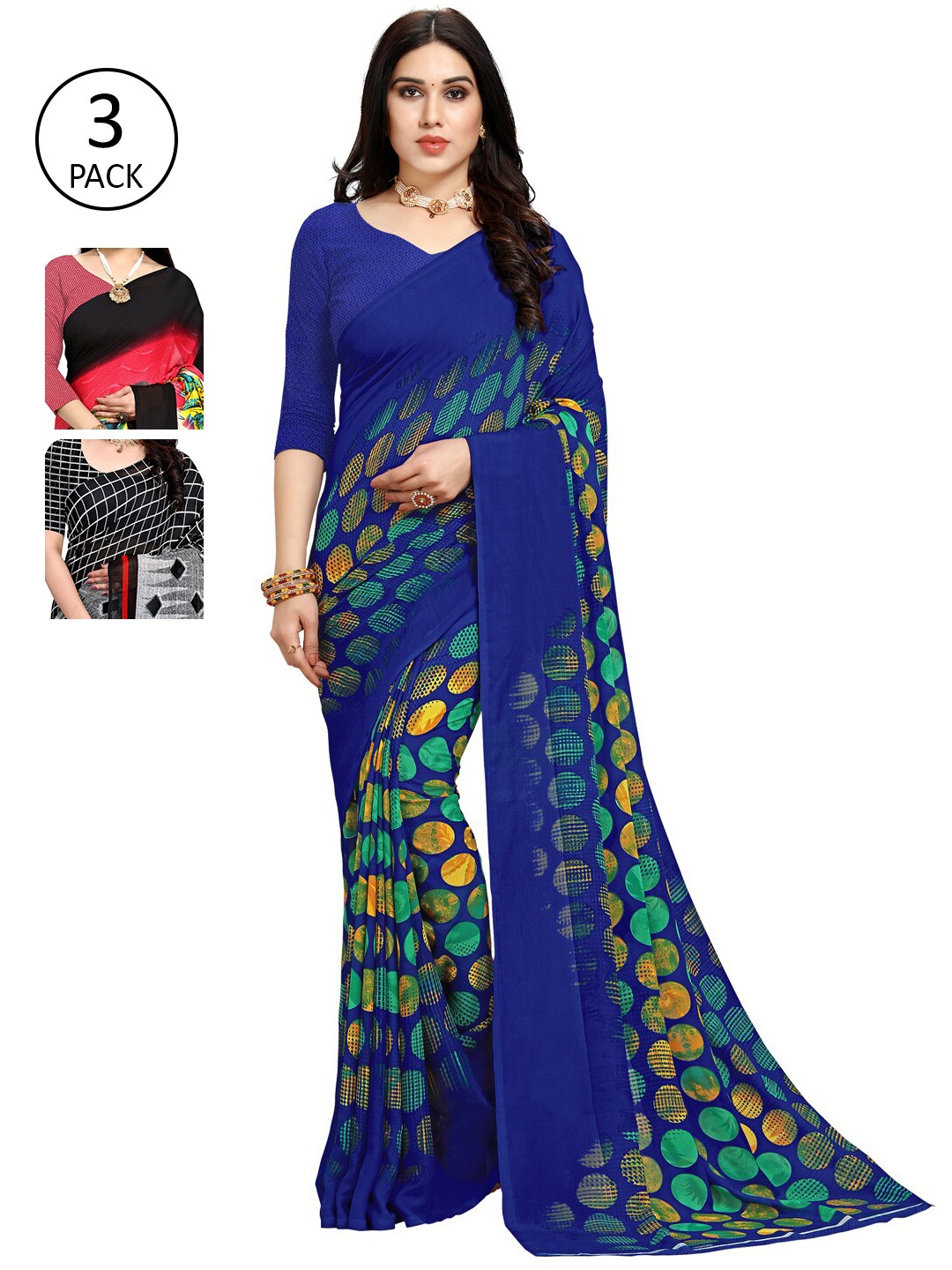 

ANAND SAREES Pack of 3 Printed Sarees, Navy blue