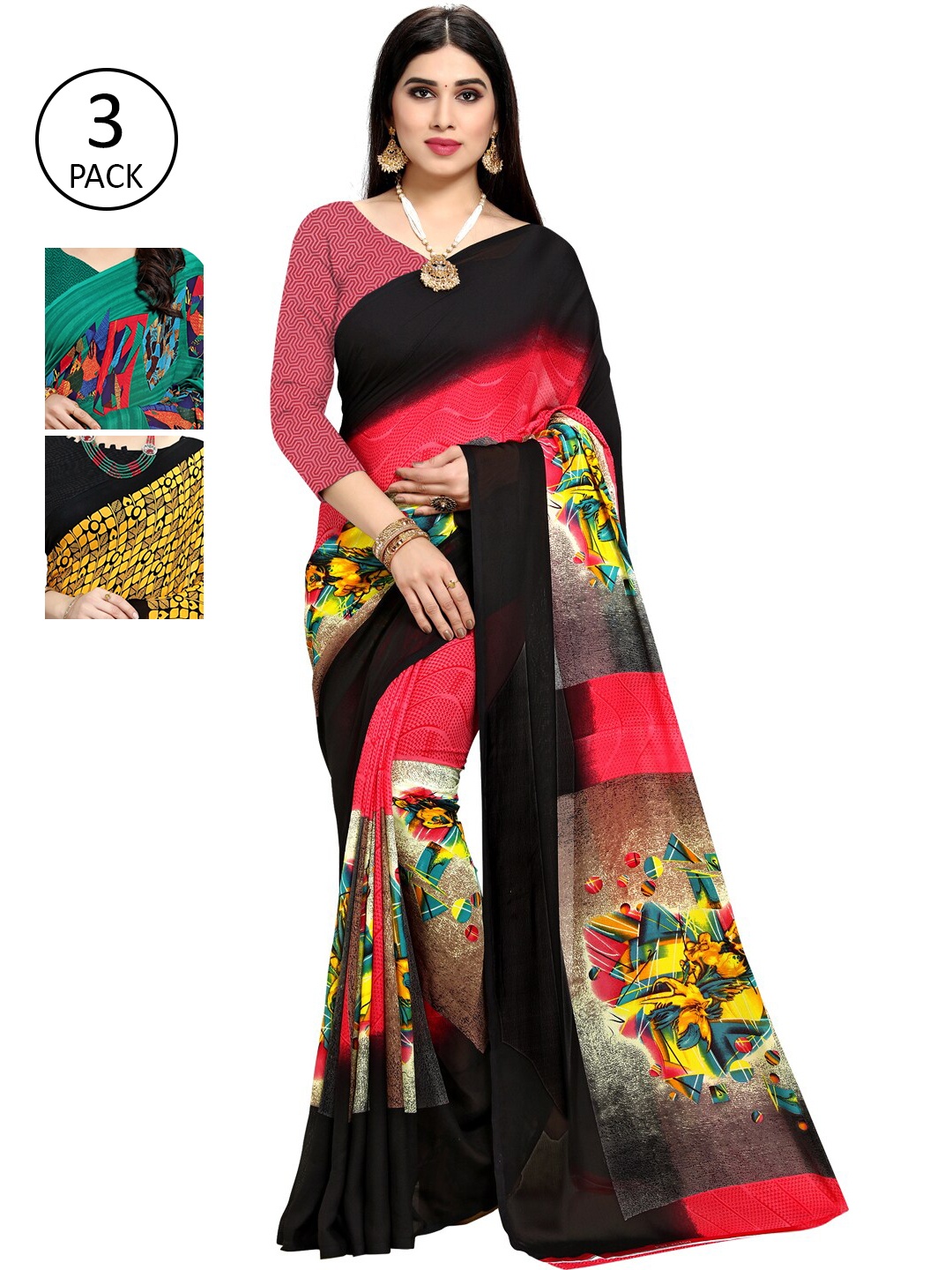 

KALINI Pack Of 3 Multicoloured Printed Sarees, Pink