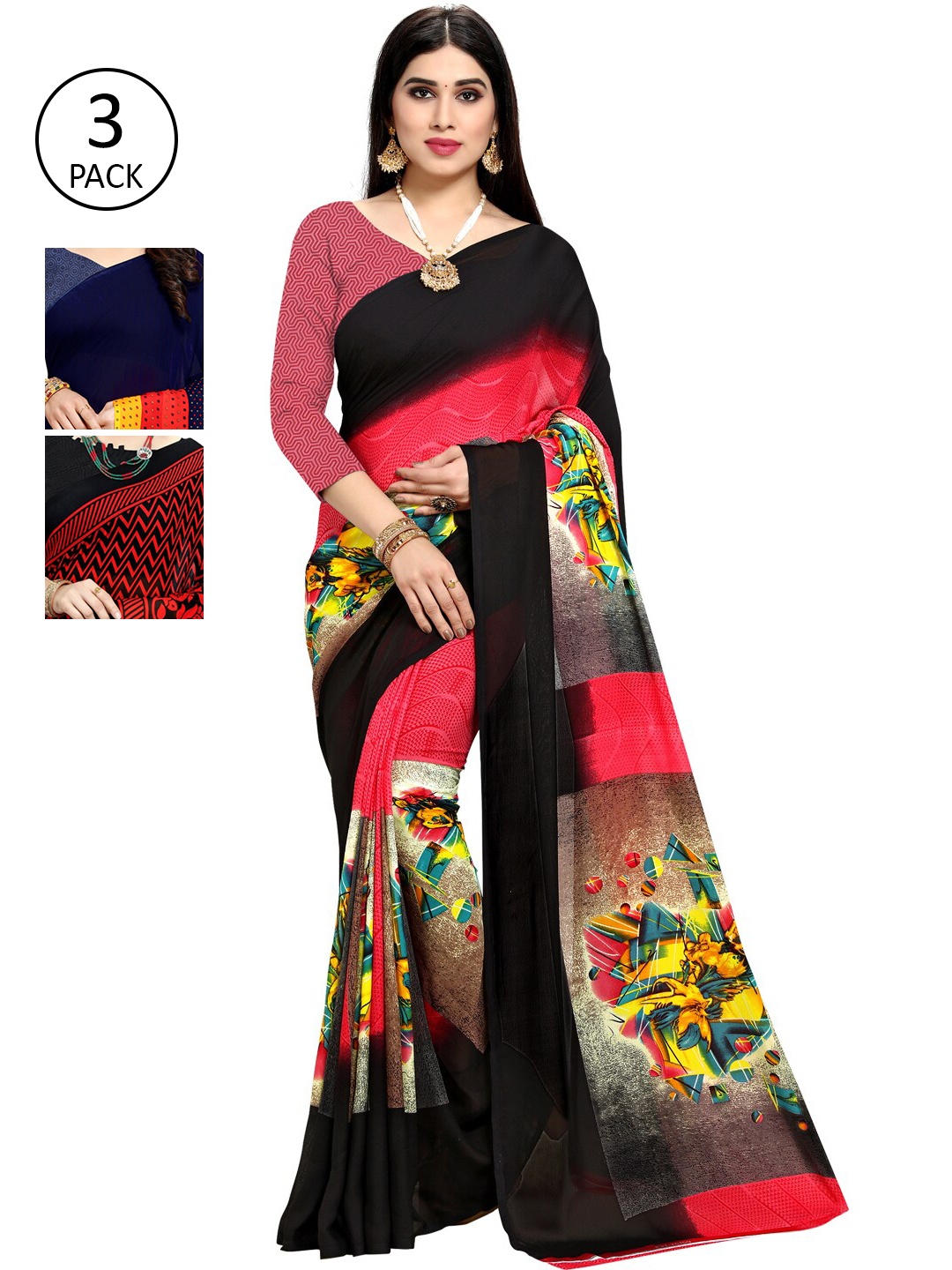 

KALINI Pack Of 3 Printed Saree, Navy blue