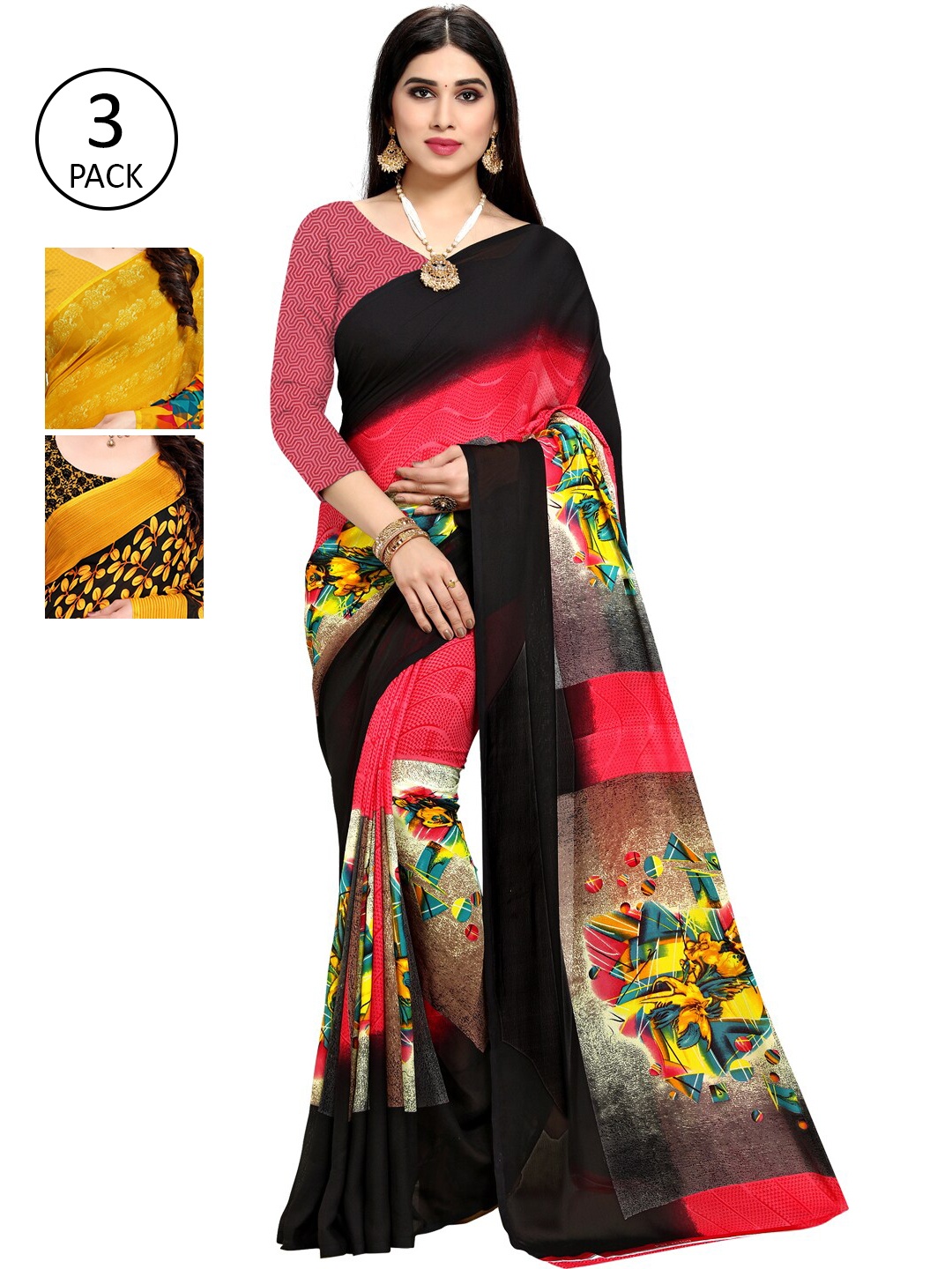 

KALINI Pack Of 3 Printed Sarees, Pink