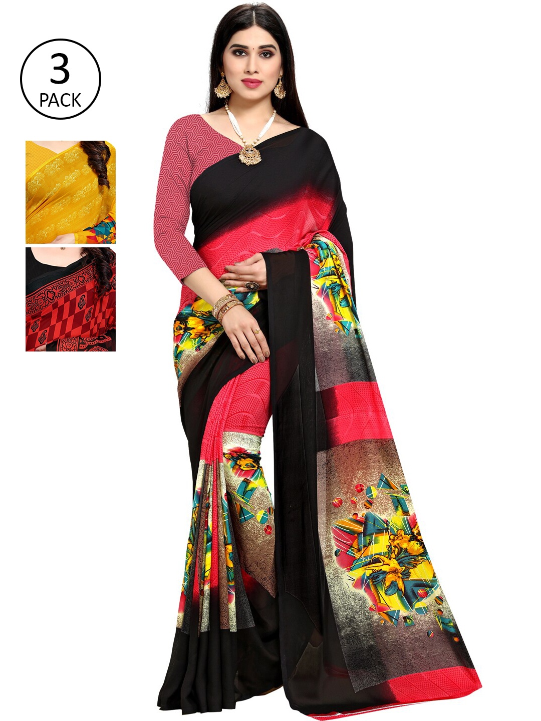 

KALINI Pack Of 3 Multicoloured Printed Sarees, Yellow