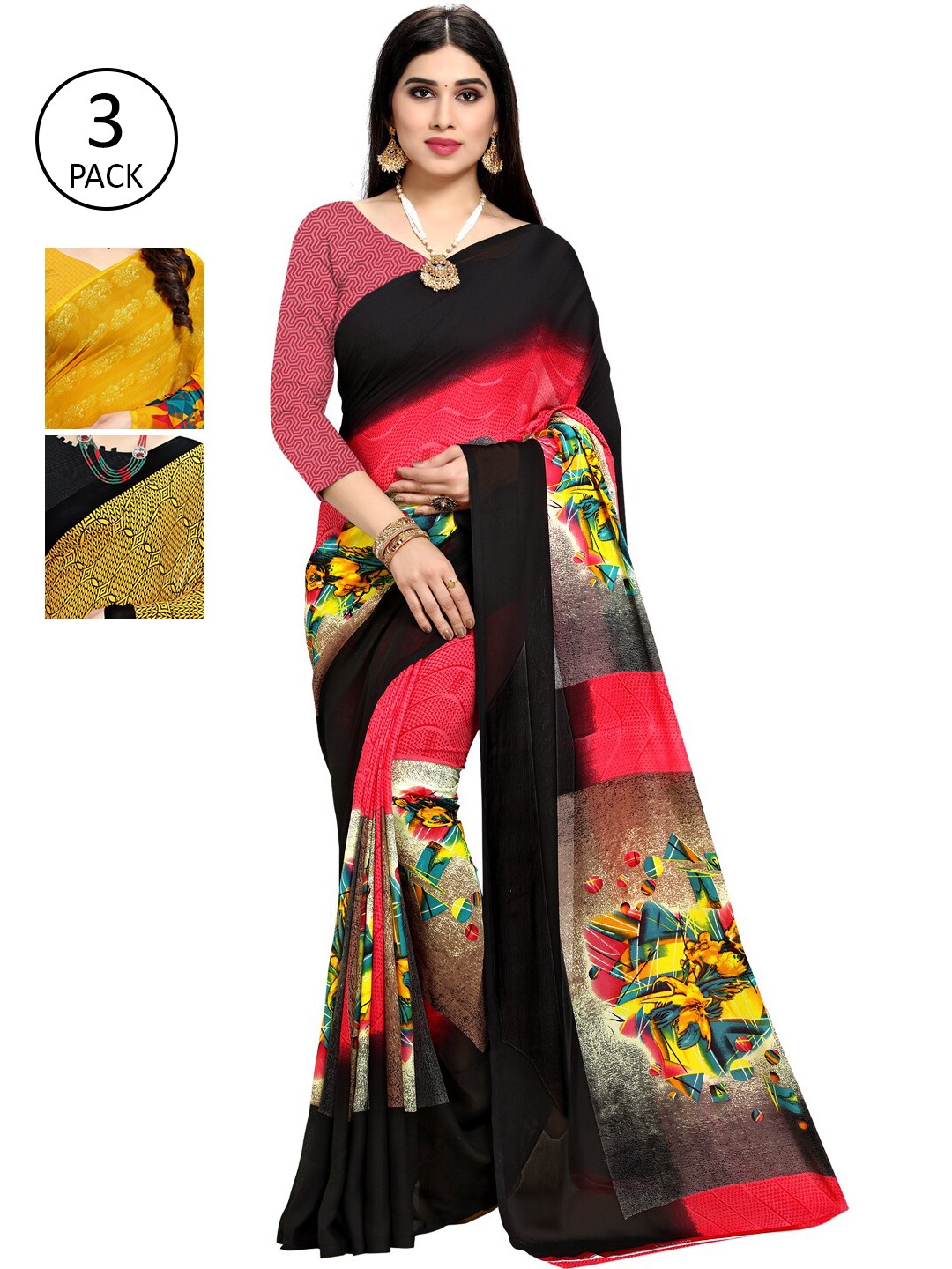 

KALINI Pack Of 3 Printed Saree, Pink