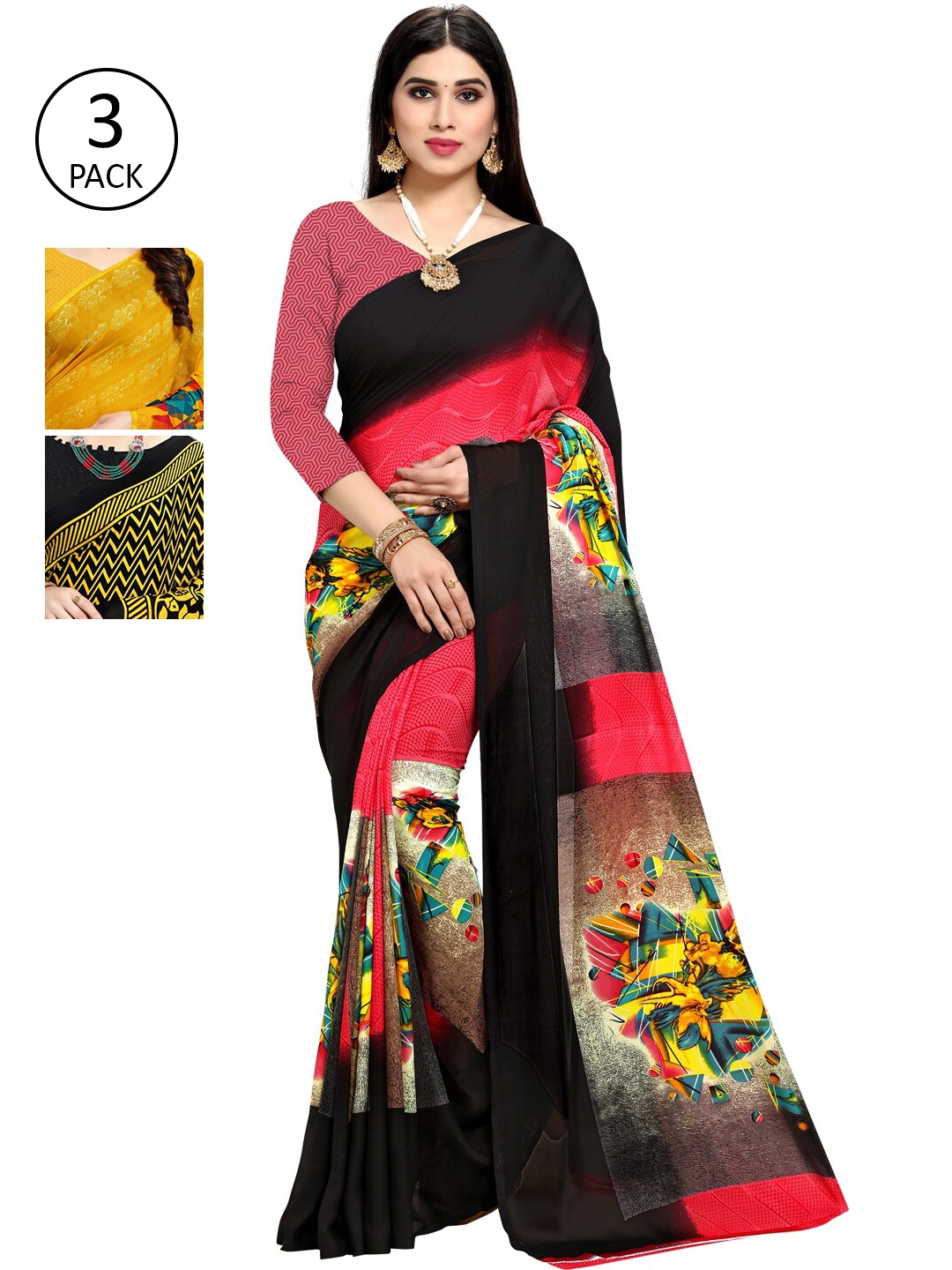 

KALINI Pack Of 3 Printed Saree, Yellow