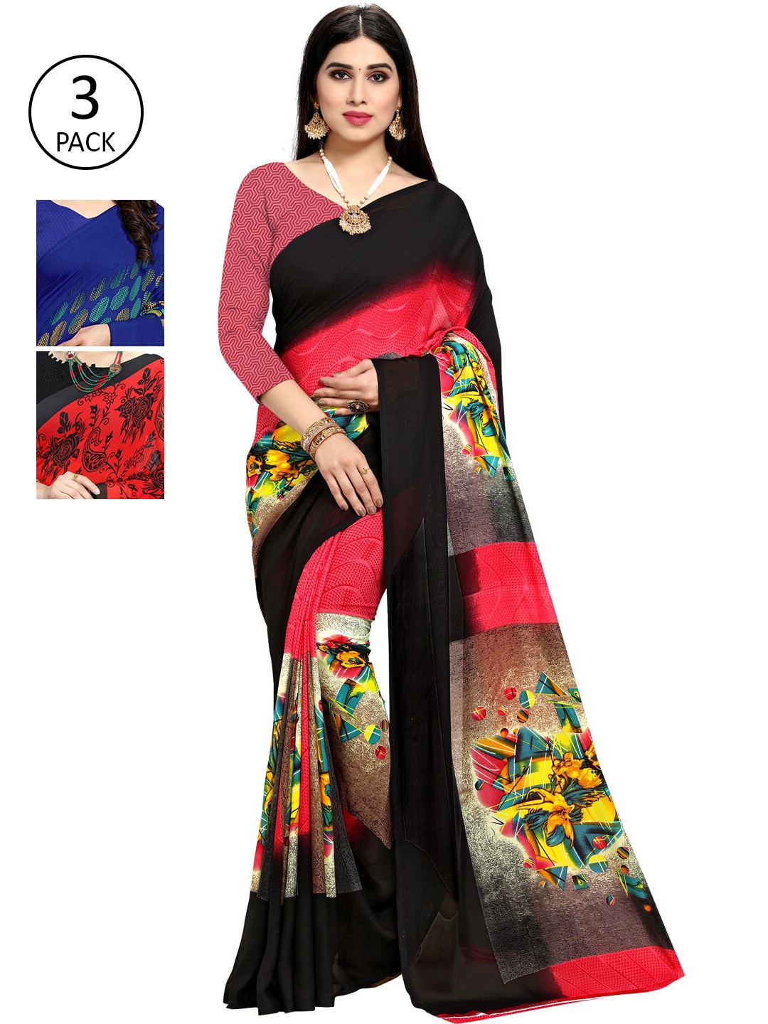 

KALINI Pack Of 3 Printed Sarees, Black