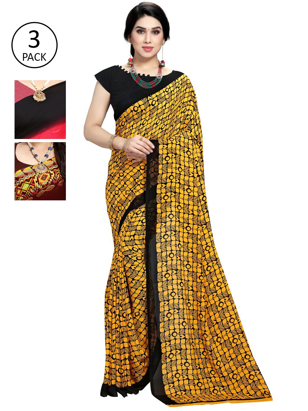 

KALINI Pack Of 3 Printed Saree, Black