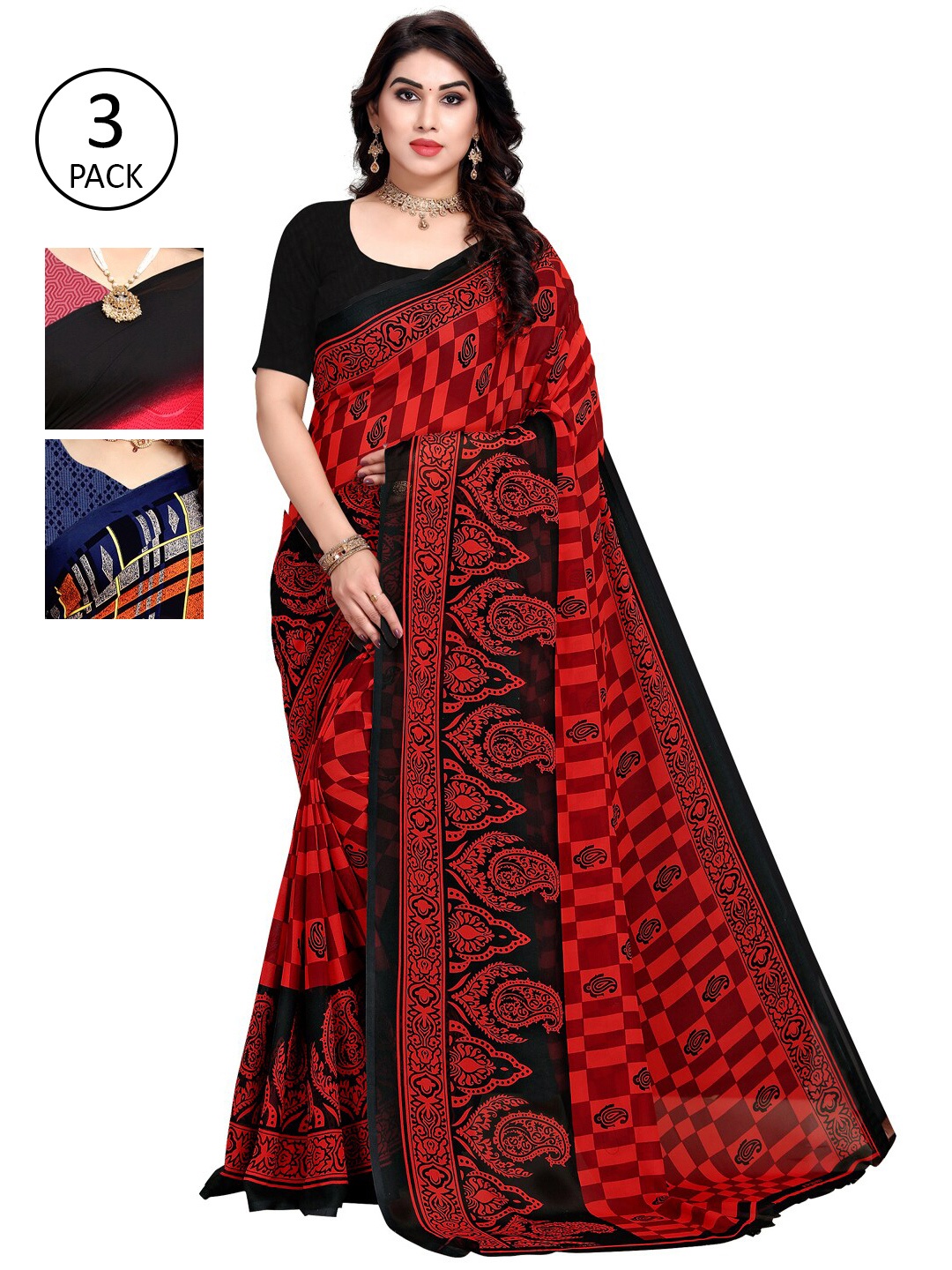 

KALINI Pack Of 3 Multicoloured Printed Sarees, Red