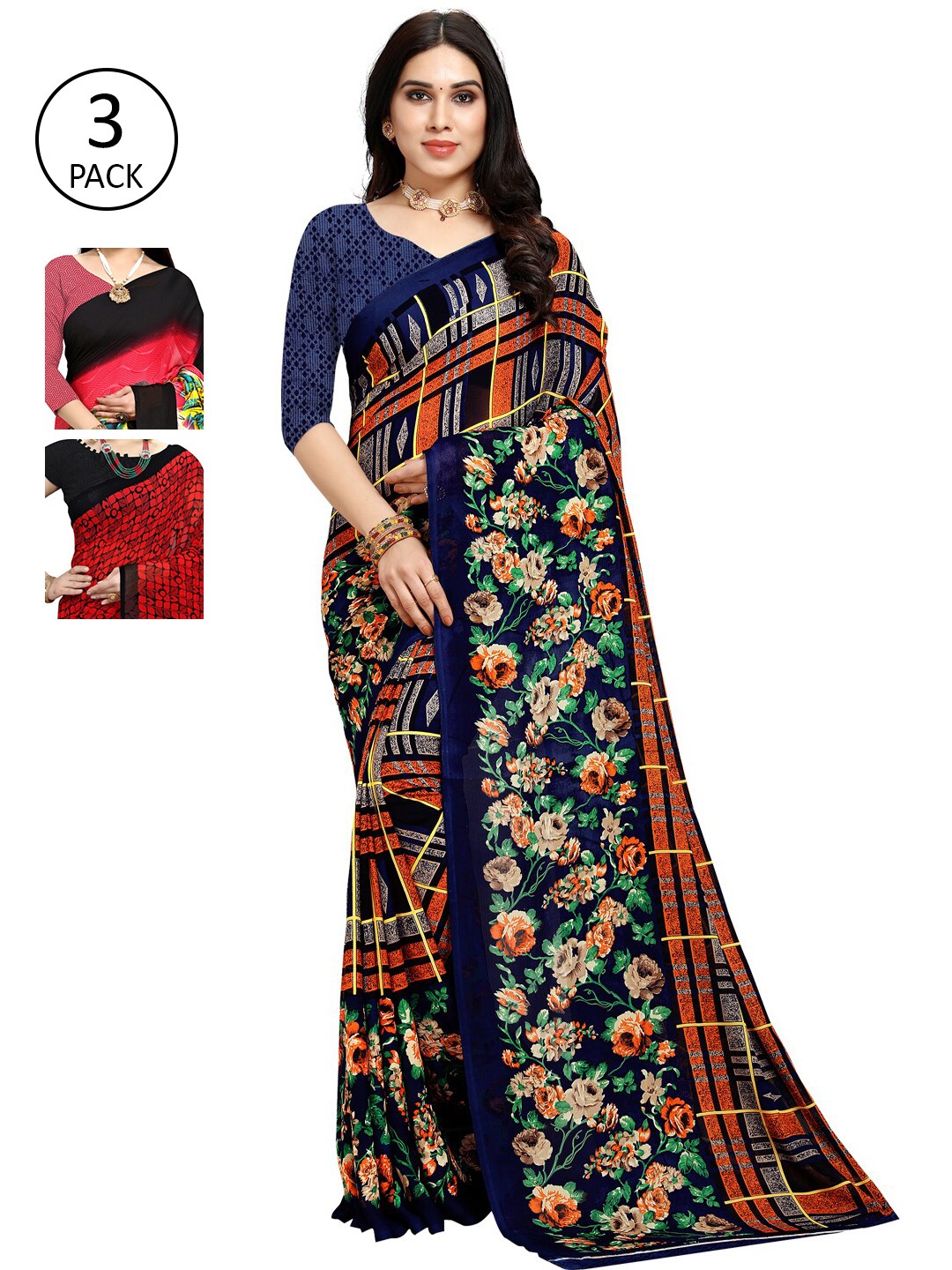 

KALINI Pack Of 3 Printed Sarees, Red