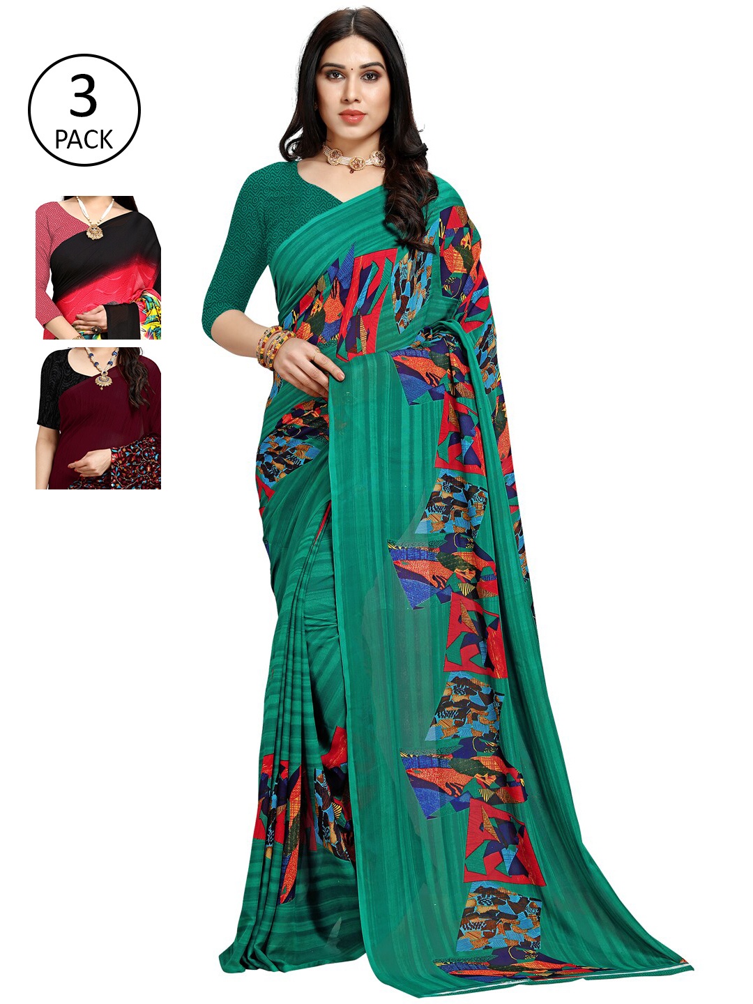 

KALINI Pack Of 3 Multicoloured Printed Sarees, Multi