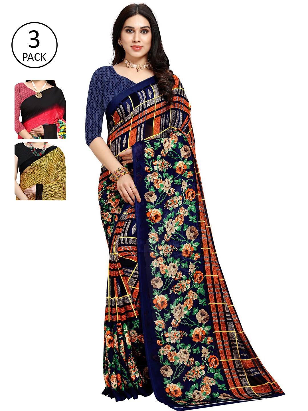 

KALINI Pack of 3 Printed Sarees, Navy blue