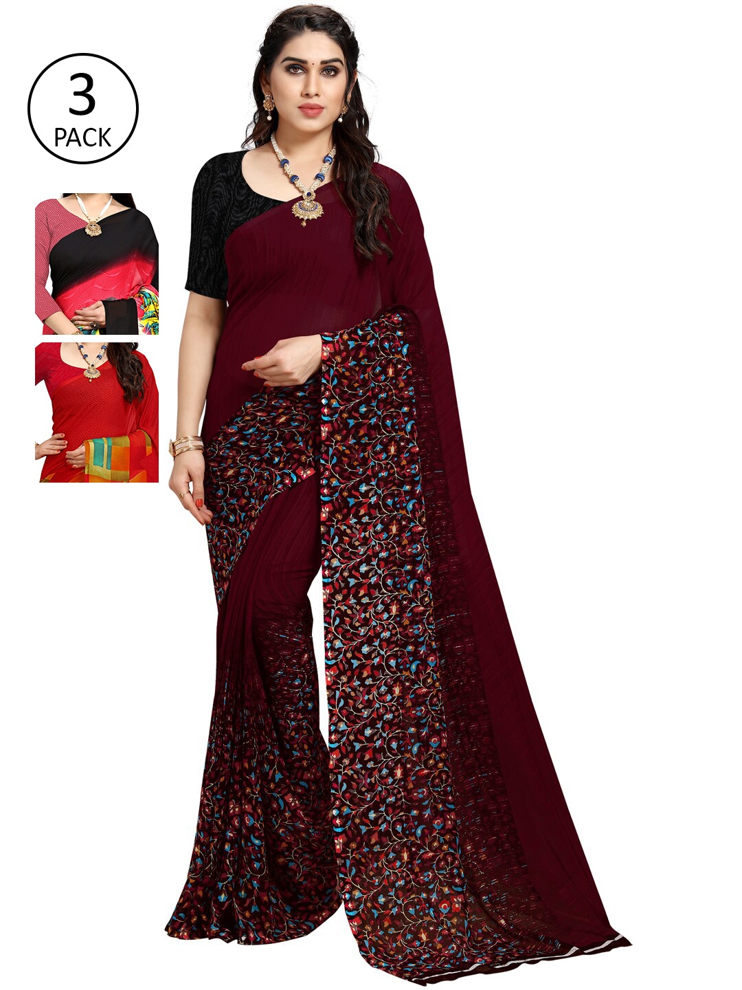 

ANAND SAREES Pack Of 3 Printed Saree, Red