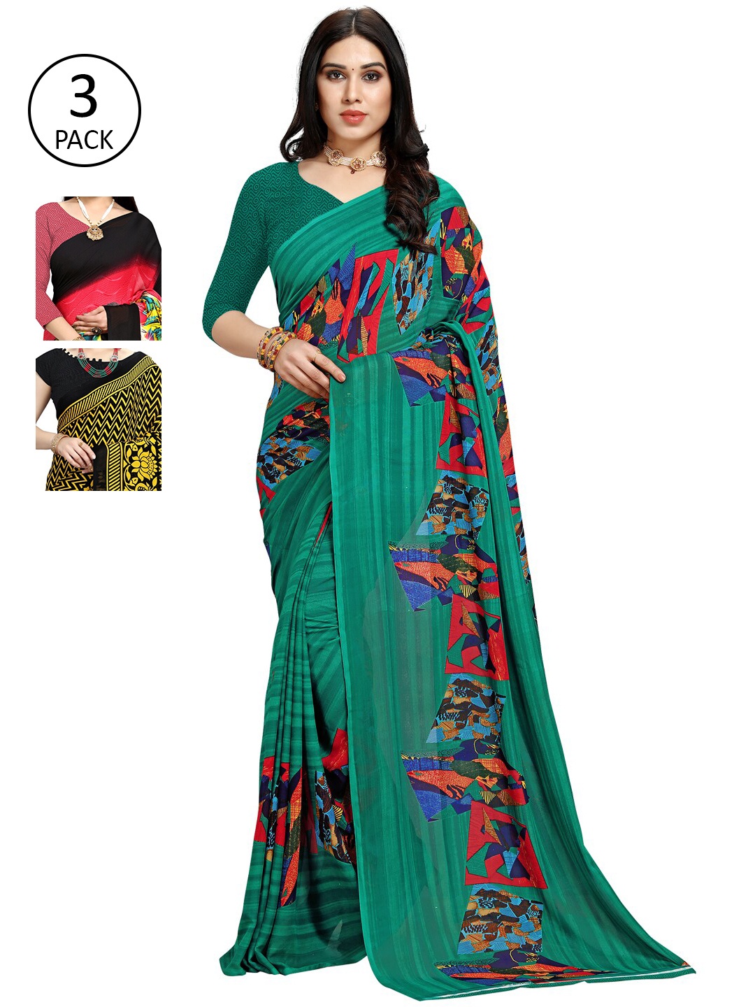 

KALINI Pack Of 3 Printed Sarees, Black