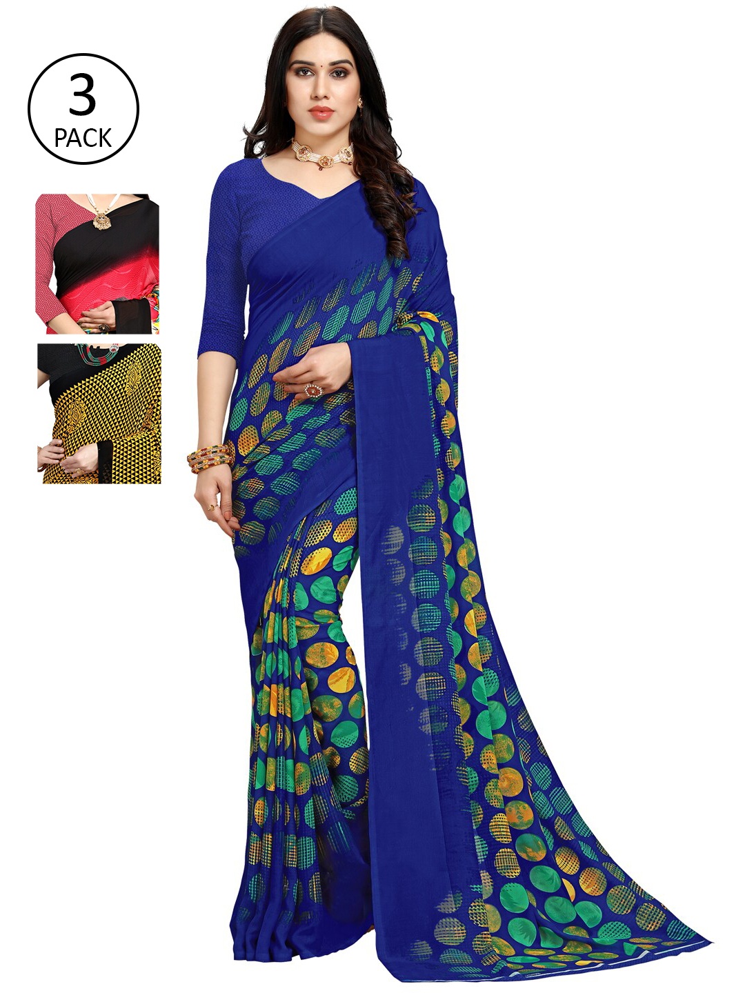 

ANAND SAREES Set of 3 Printed Sarees, Blue