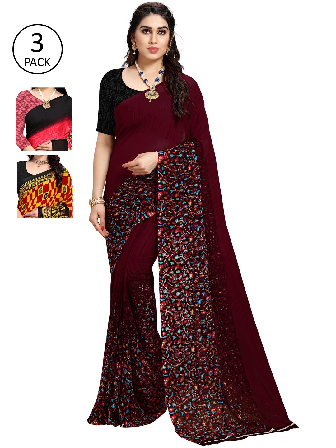 

KALINI Pack Of 3 Printed Saree, Purple