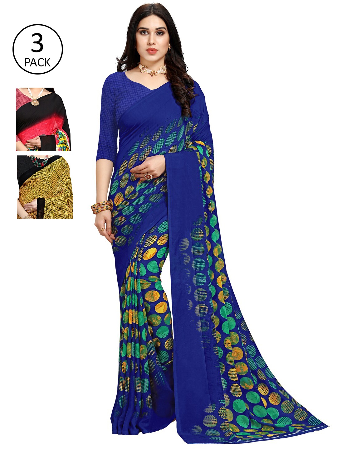 

KALINI Pack Of 3 Printed Sarees, Blue