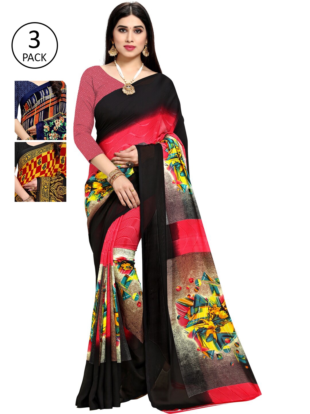 

KALINI Pack Of 3 Printed Sarees, Black