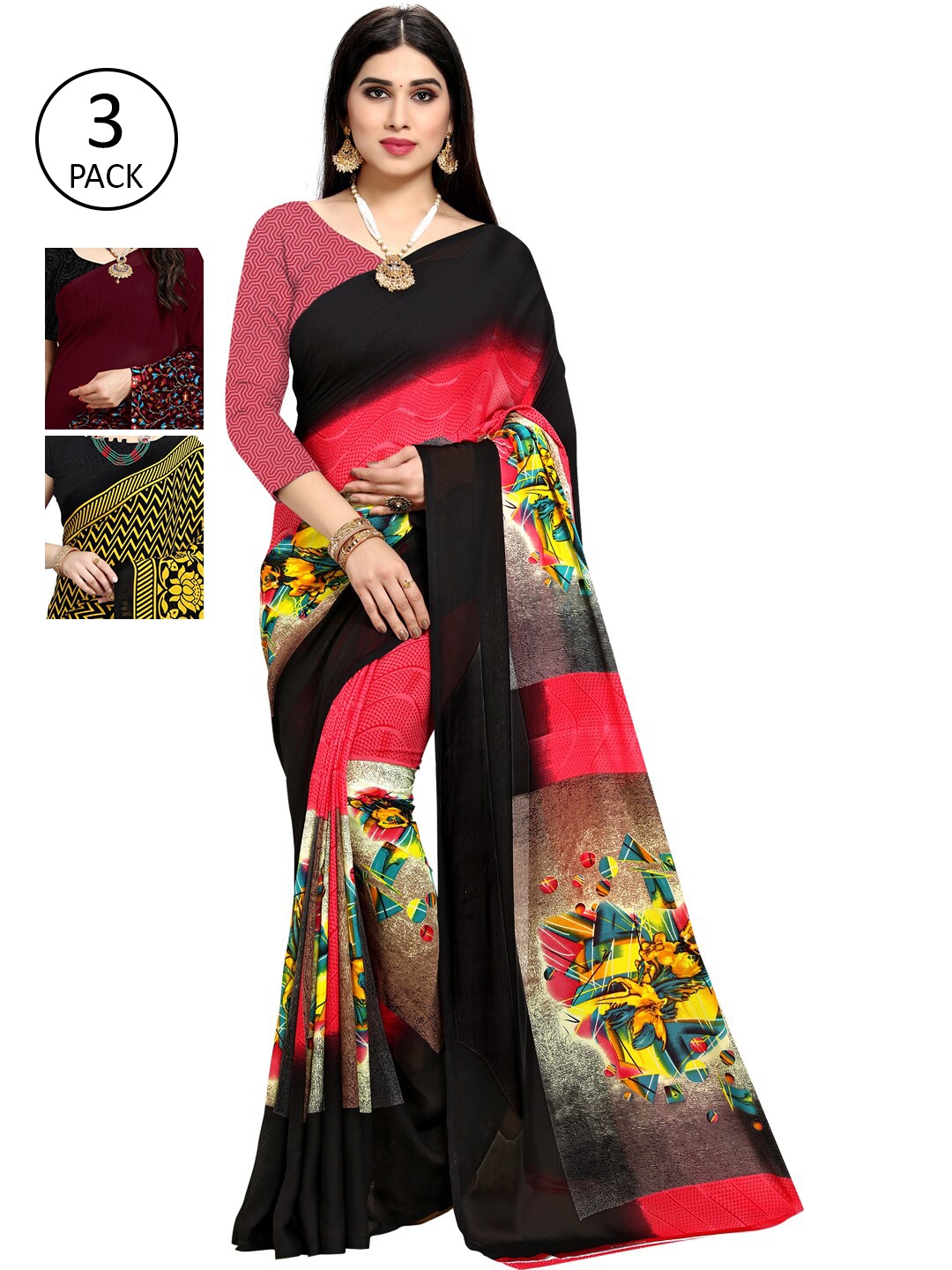 

ANAND SAREES Set of 3 Printed Sarees, Coral