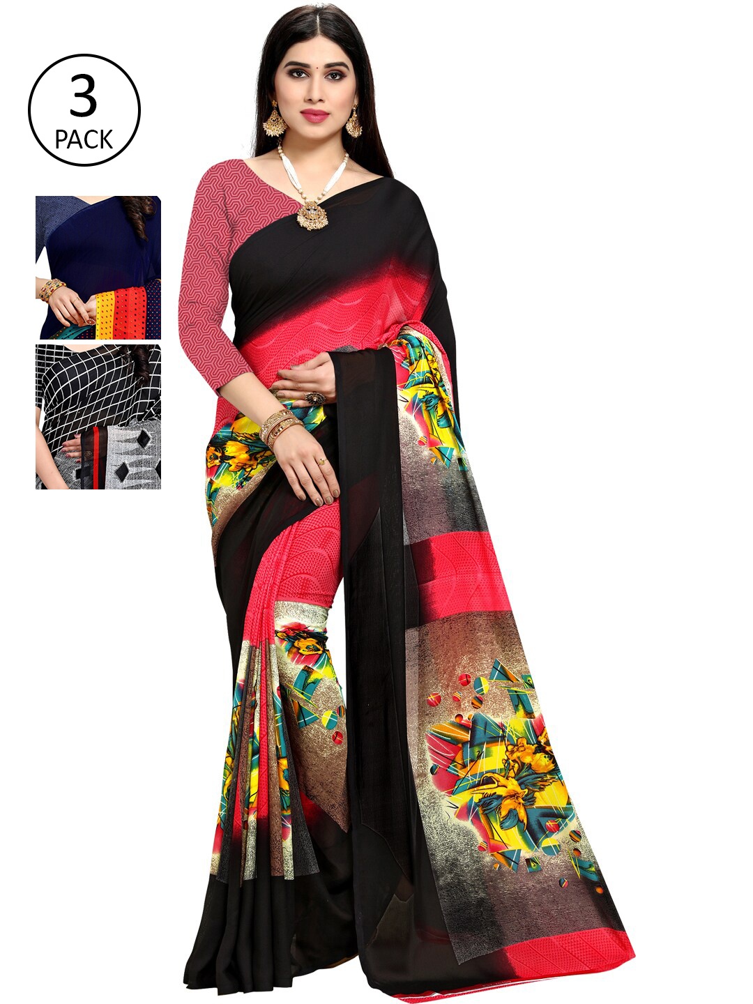 

KALINI Pack Of 3 Printed Poly Georgette Sarees, Multi