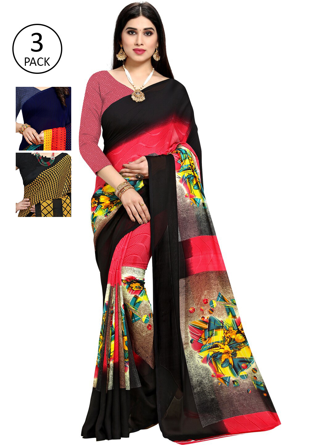 

KALINI Pack Of 3 Printed Sarees, Pink