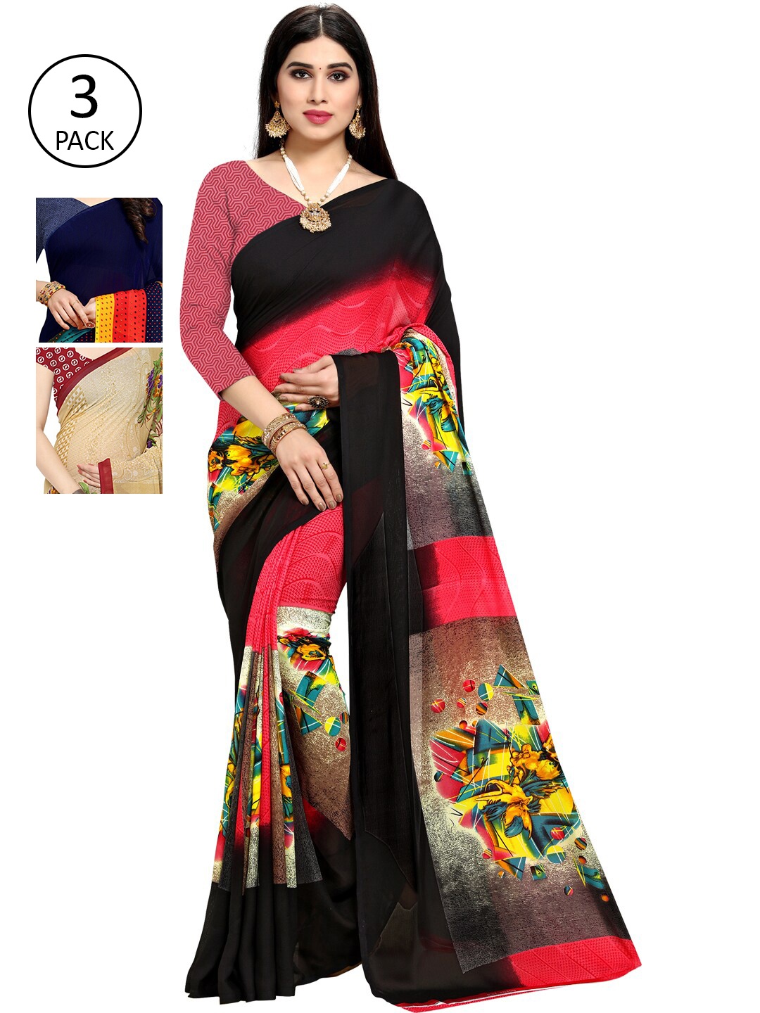 

KALINI Pack Of 3 Printed Sarees, Black