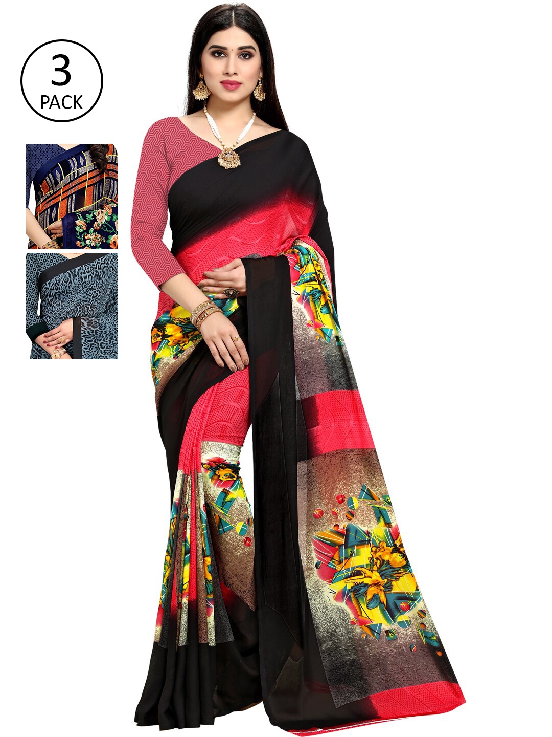 

KALINI Pack Of 3 Printed Saree, Black