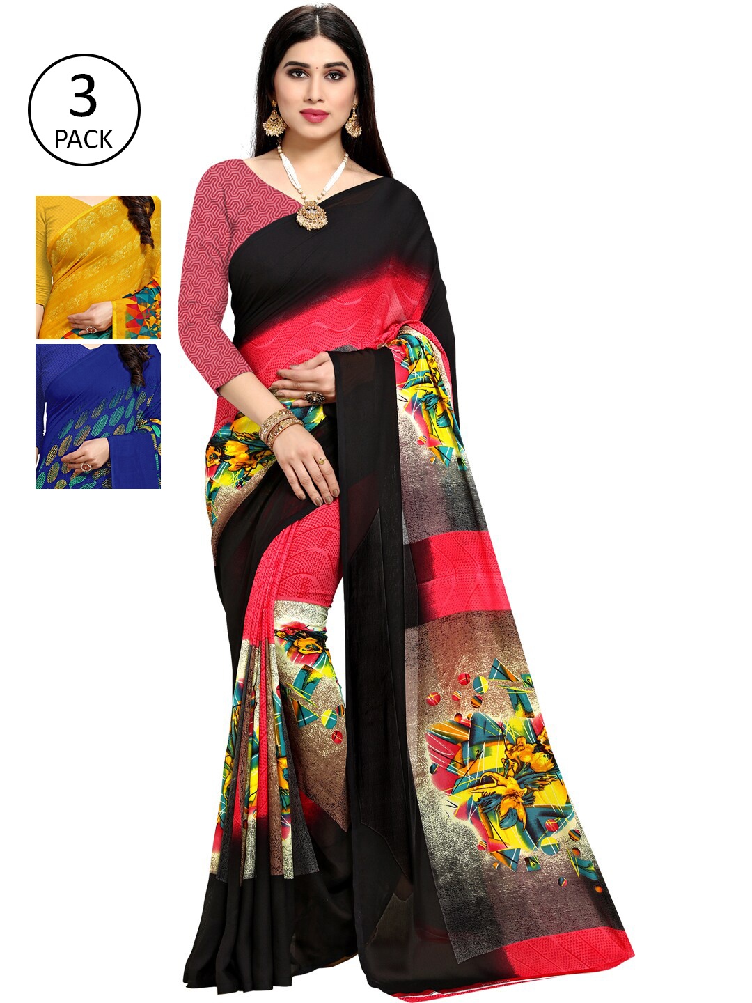 

KALINIPack Of 3 Printed Sarees, Pink