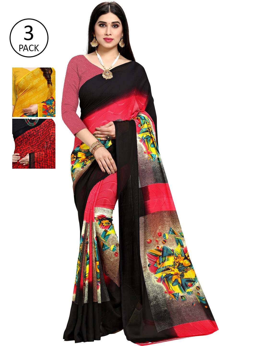 

KALINI Women Pack Of 3 Printed Saree, Black