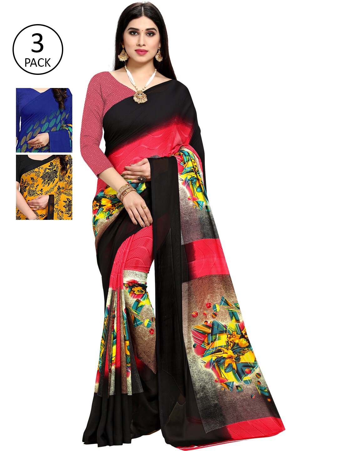 

KALINI Pack Of 3 Multicoloured Printed Sarees, Yellow