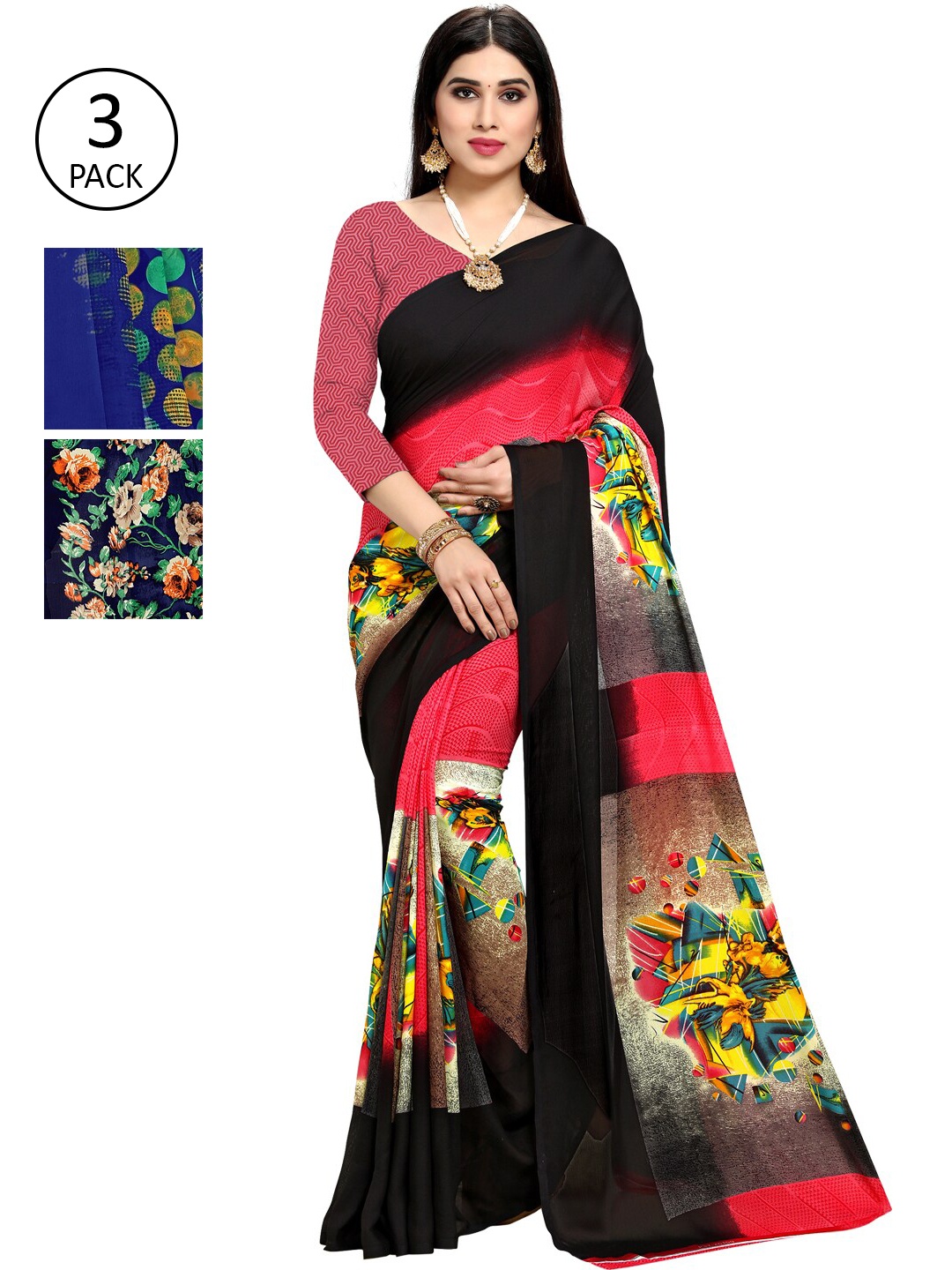 

KALINI Pack Of 3 Multicoloured Printed Sarees, Black