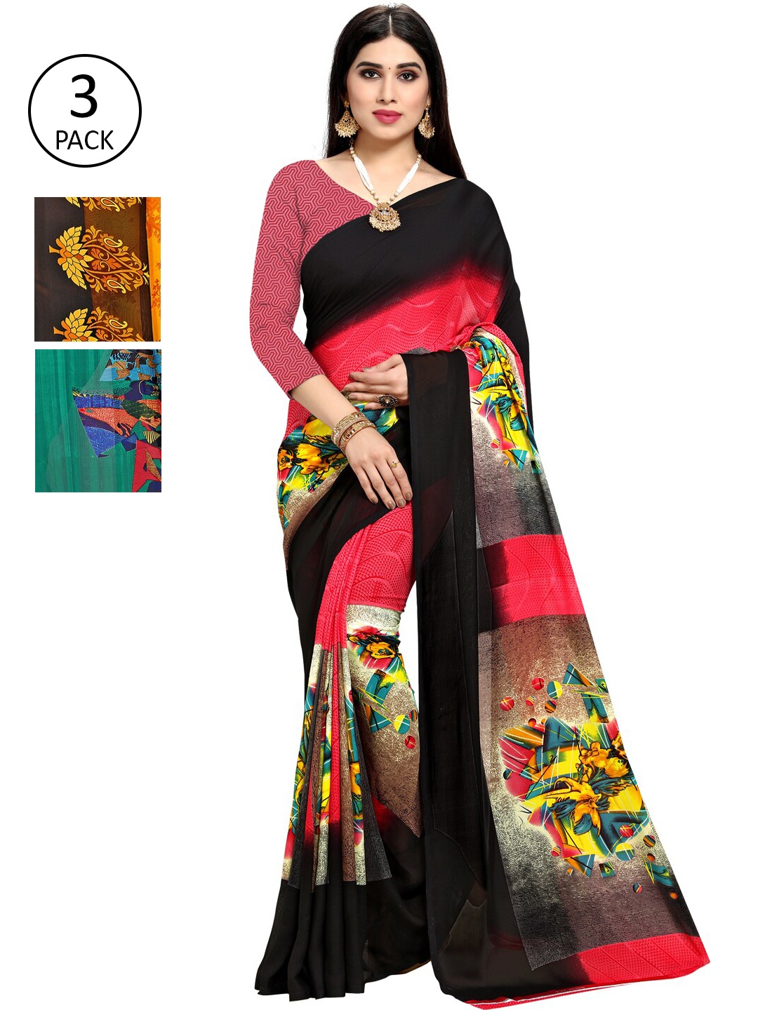 

KALINI Pack Of 3 Printed Sarees, Green