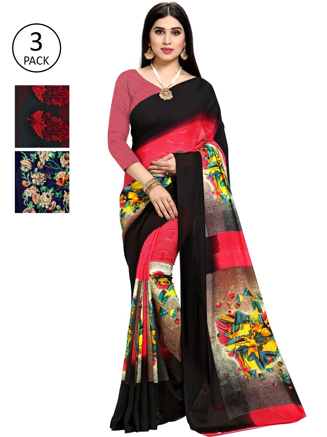 

KALINI Women Pack Of 3 Printed Saree, Black