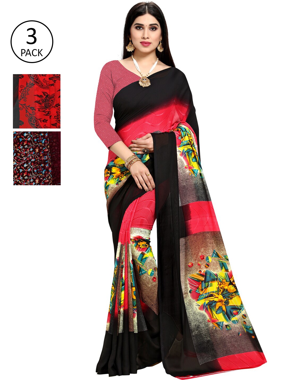 

KALINI Pack Of 3 Multicoloured Printed Sarees, Red