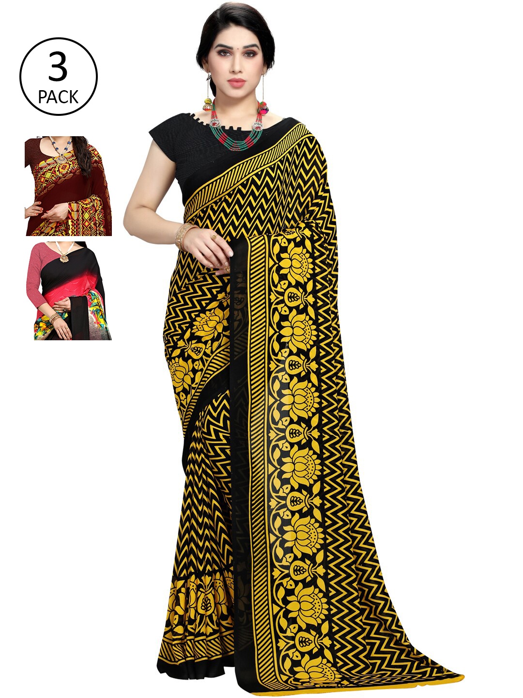 

KALINI Pack Of 3 Printed Sarees, Brown