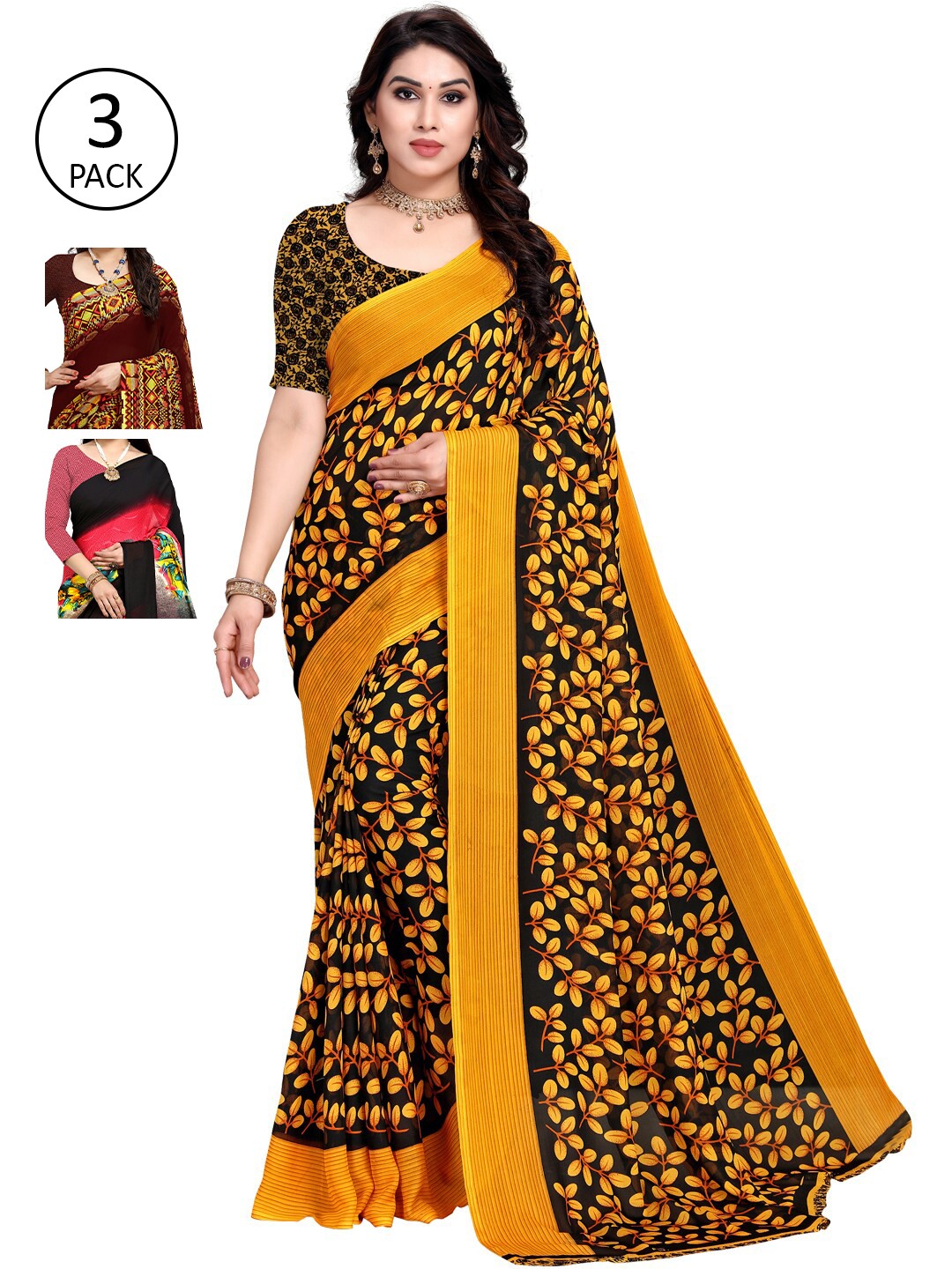 

KALINI Pack Of 3 Printed Sarees, Yellow