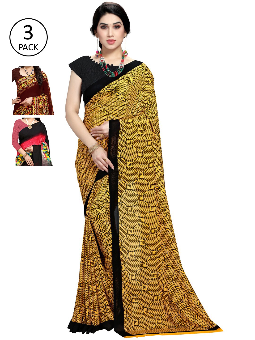 

KALINI Pack Of 3 Multicoloured Printed Sarees, Brown