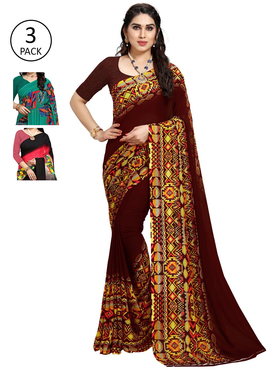 

KALINI Pack Of 3 Printed Sarees, Burgundy